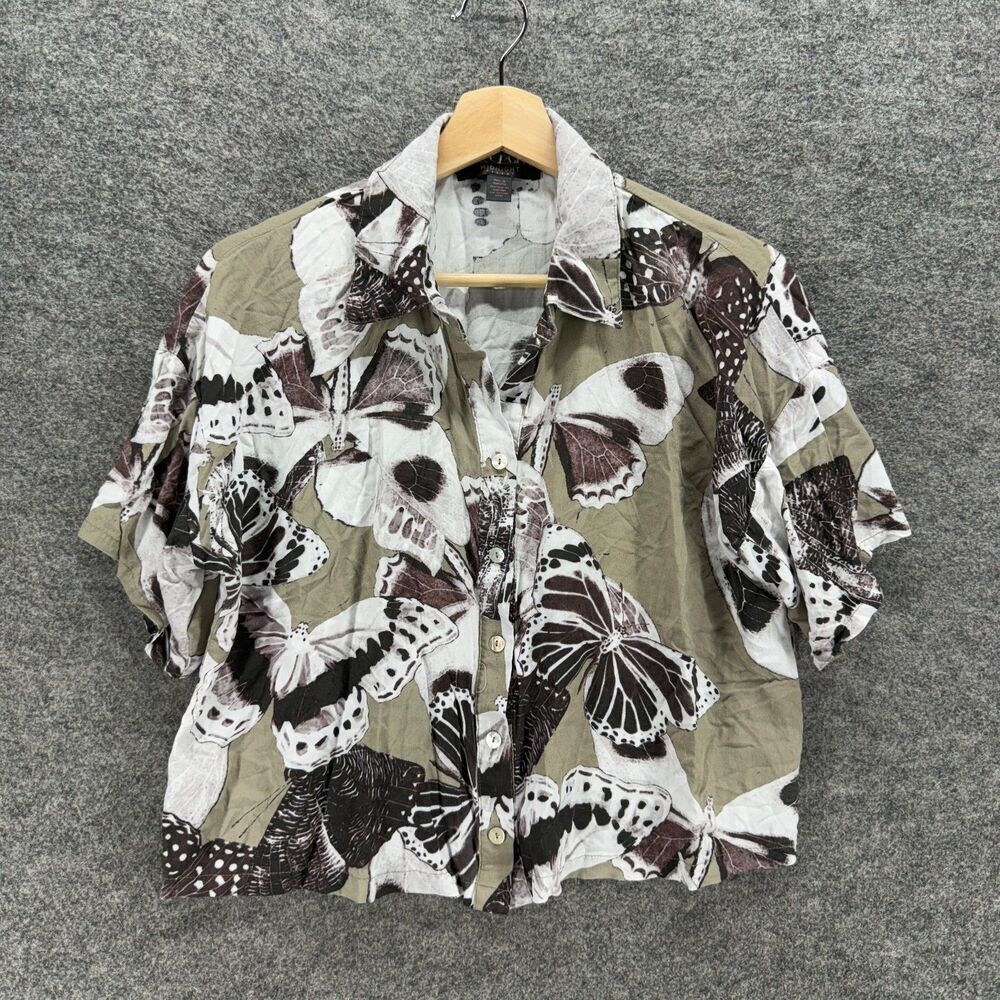 Midnight Shirt Women M Medium Gray Butterfy Print Button Up Collared Rayon